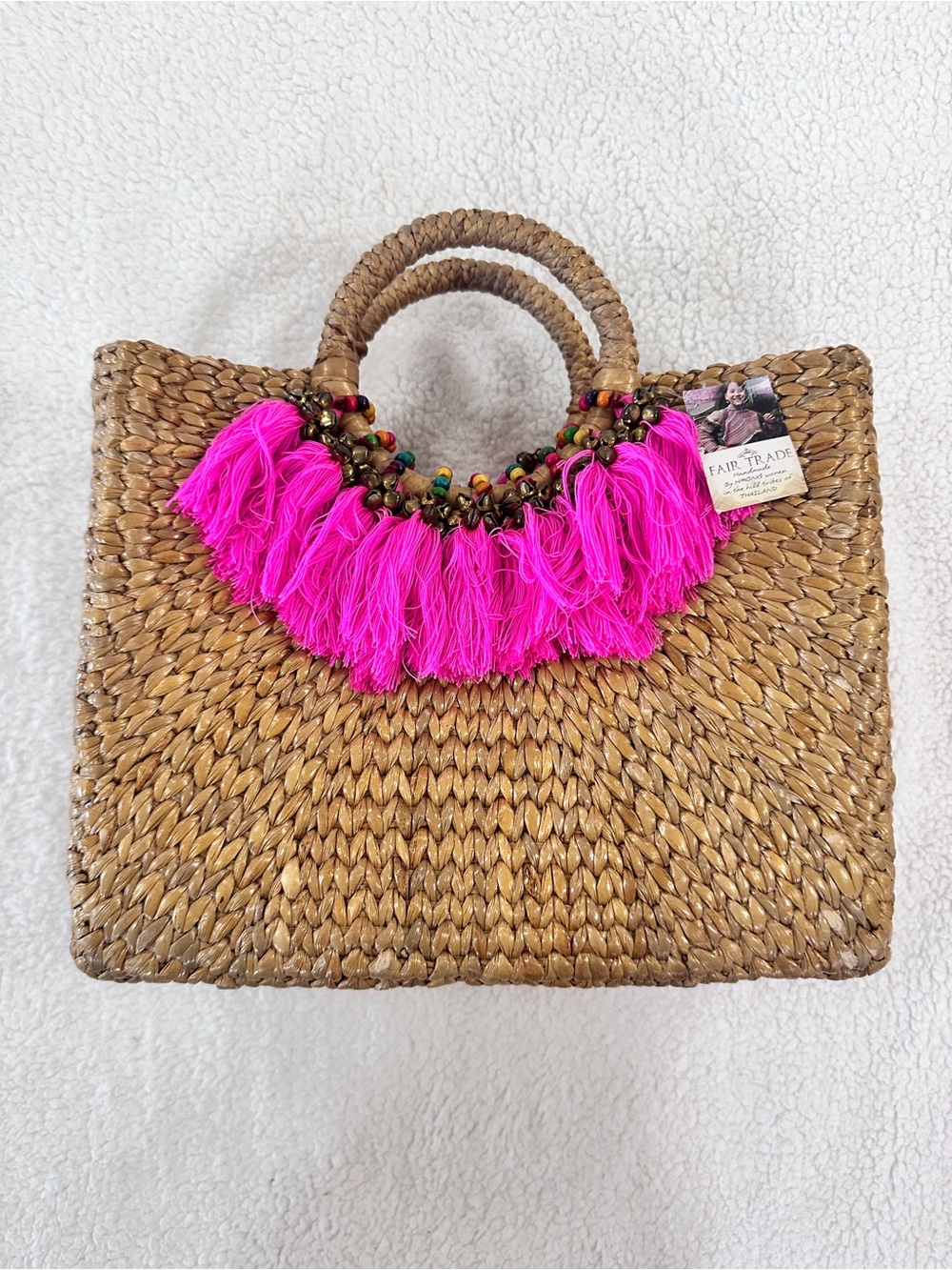 NWT Small Woven Straw Tote with Hot Pink Tassel Trim